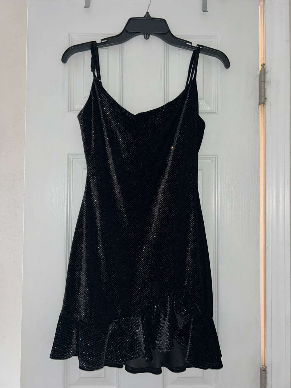 B Darlin Black Shimmer Slip Dress with Ruffle Hem
